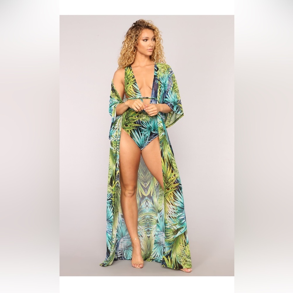 Fashion Nova Green & Teal Tropical Leaf Swim One-Piece with Long Cover-Up